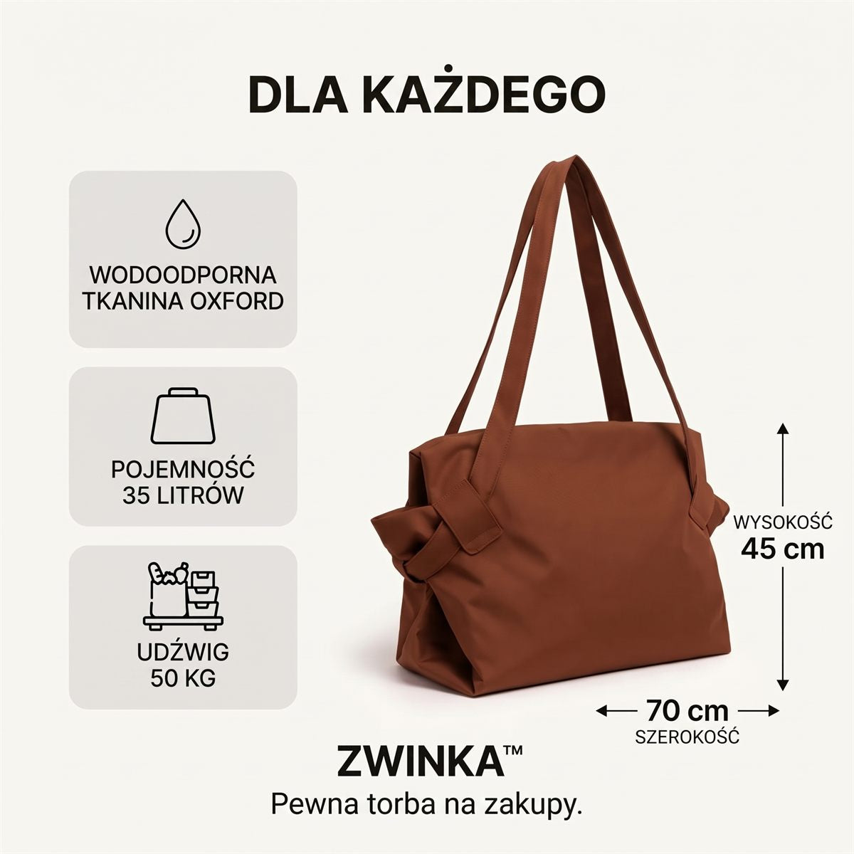 Wymiary ZWINKI: 70 × 45 cm, 35 litrów, udźwig 50 kg